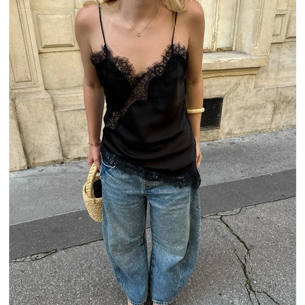 Women Sexy Satin Lace Trim Cami Tops Silk V Neck Spaghetti Strap Tanks Tops Y2k Coquette Loose Going Out Camisoles Streetwear — image 2