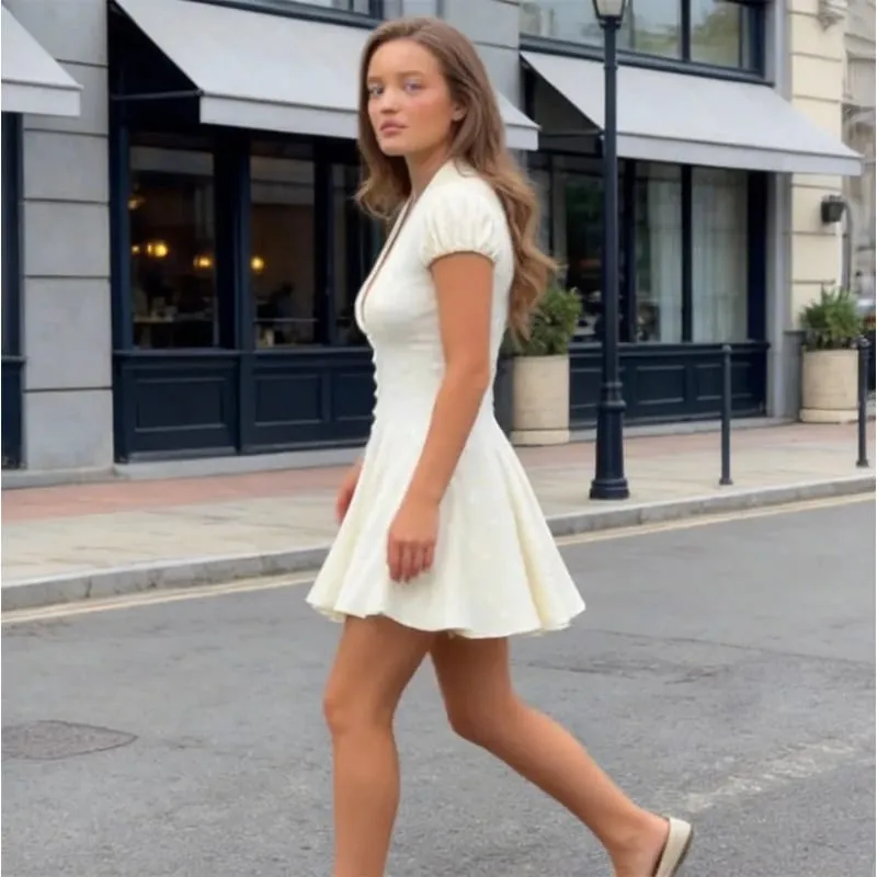 White Polka Dot Slim Women Summer Dress Solid Deep V-neck Puff Sleeves Pleated Front Button Short Dresses 2026 Lady Daily Wear — image 4