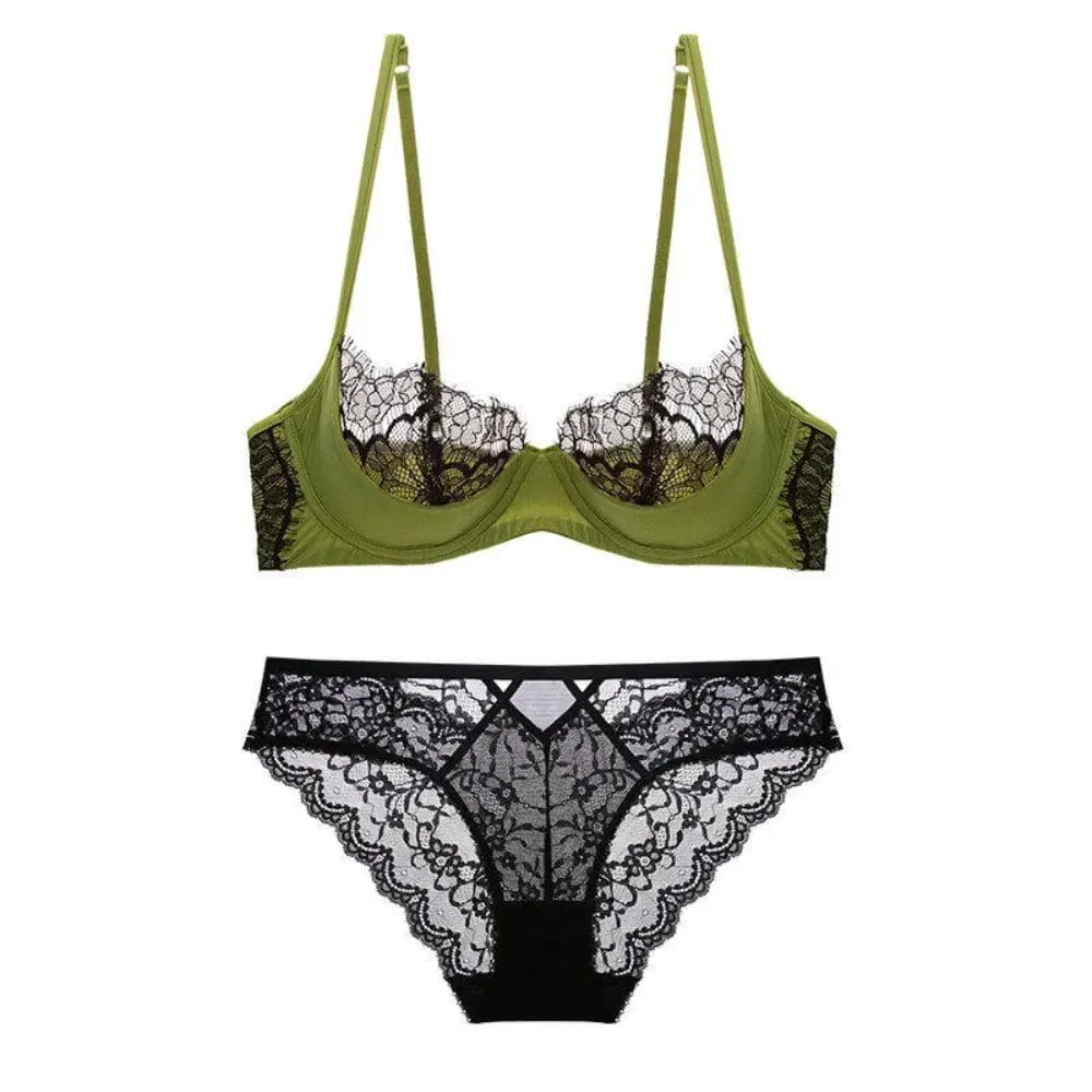 French Sheer Lace Lingerie Set Half Cup Thin Unlined Minimizer Bra Underwire Lift Support Large Bust Ladies Matching Briefs S-XL — image 1
