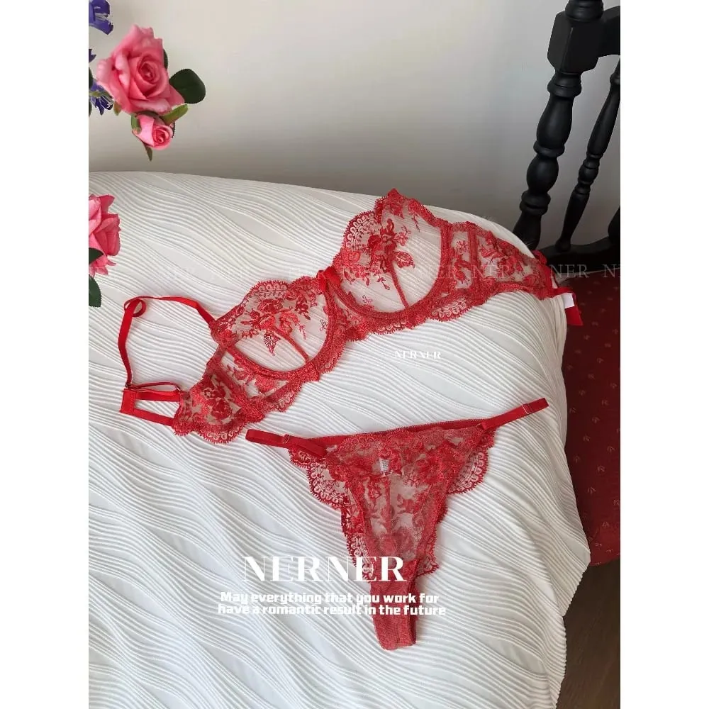 French Style Mesh Embroidery Lace Bra Set With Underwire Slightly Sheer Thin Lingerie Minimizer Bra For Big Bust S-XL — image 2