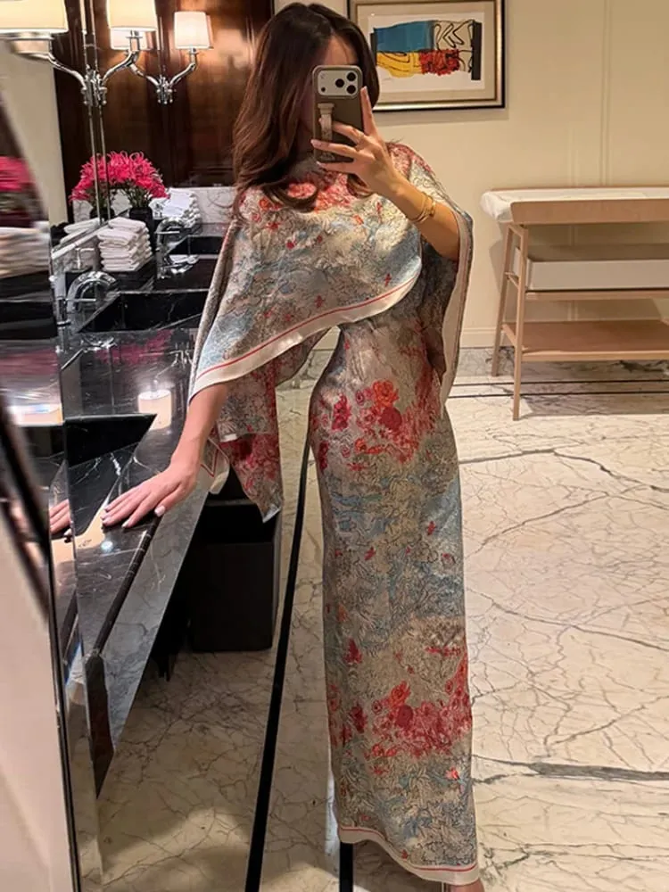 Women Tropical Leaf Print Cape Two Piece Set Batwing Loose Top High Waist Maxi Dress 2026 Summer Fashion Vacation Casual Suit — image 2