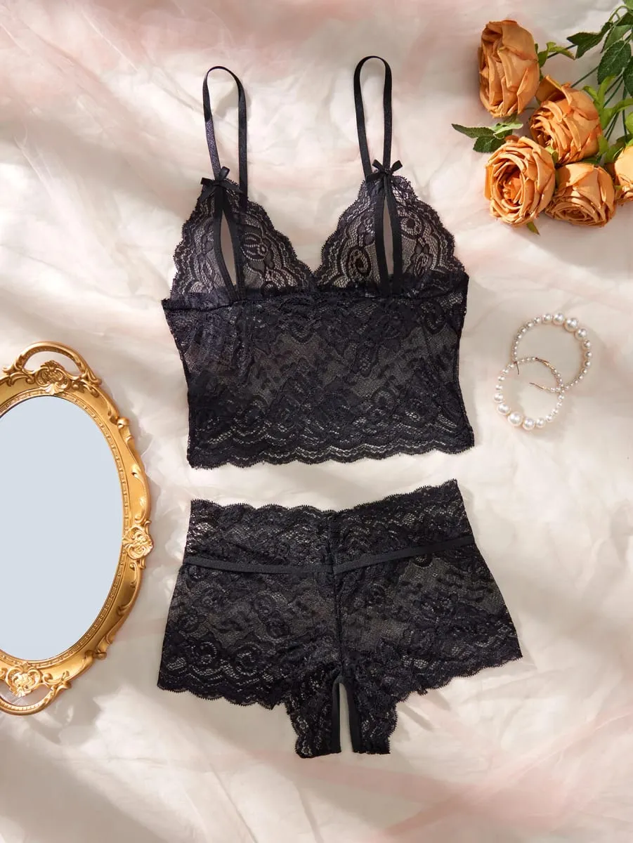 Women Black Open-Back Lace Two-Piece Panties Underwear Sleep Set — image 2