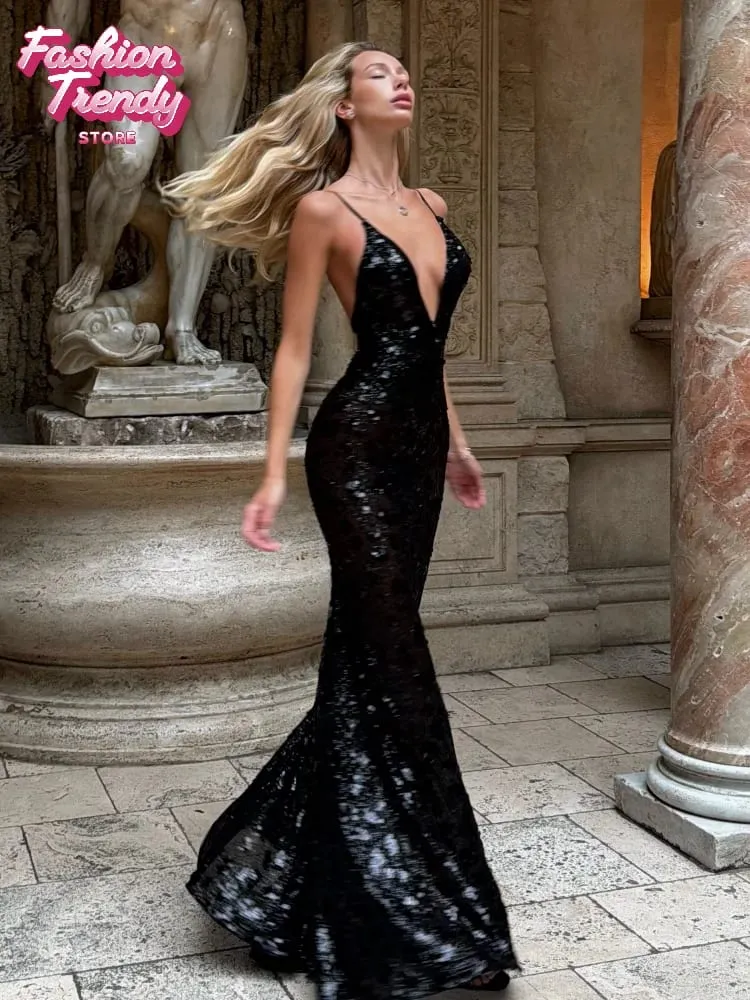 Sequin Deep V-neck Long Dress Women Chic Sleeveless Spaghetti Strap Backless Mermaid Robes Lady Sexy Evening Party Dresses New — image 1
