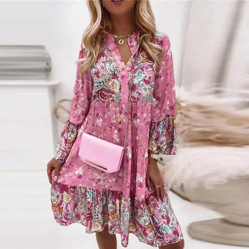 Spring Mini Dresses For Women Summer New Casual Loose Long Sleeve V-Neck Beach Sundress Ladies Short Party Dress — image 2