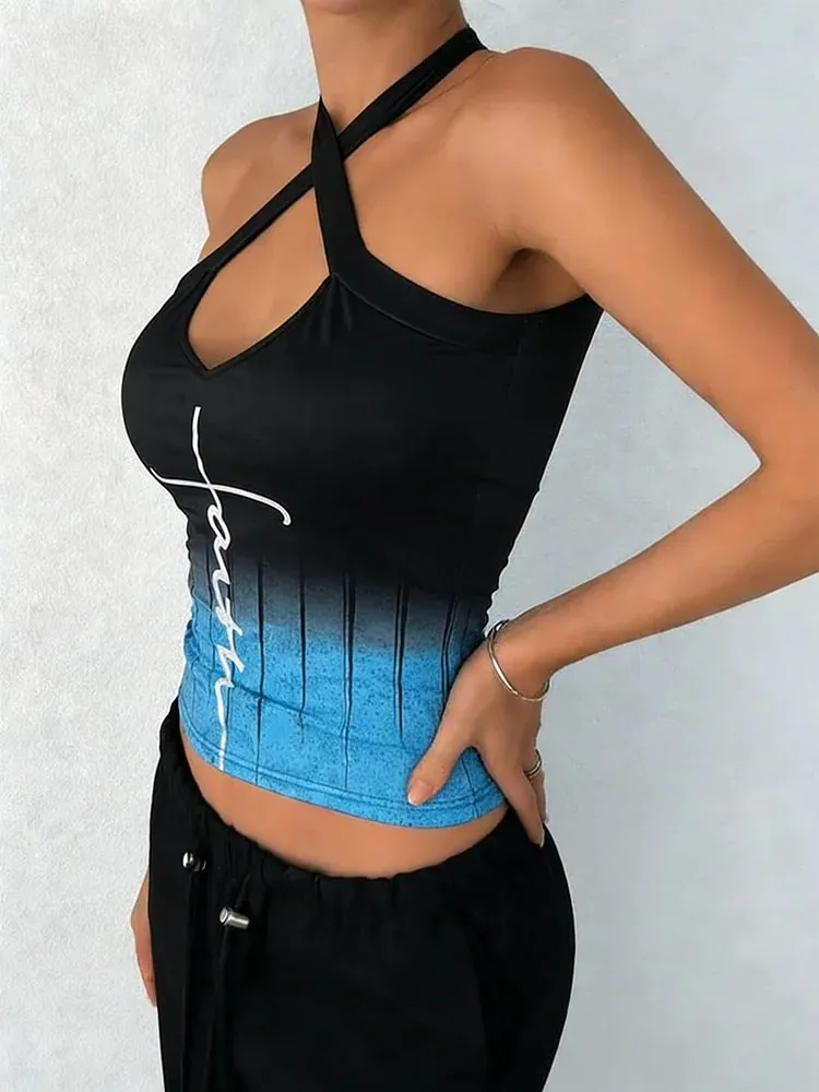 Women's Tank Top Spring Summer Black Blue Gradient Halter Cross V Neck Cutout Handwritten Letter Slim Cropped Chic Daily Casual