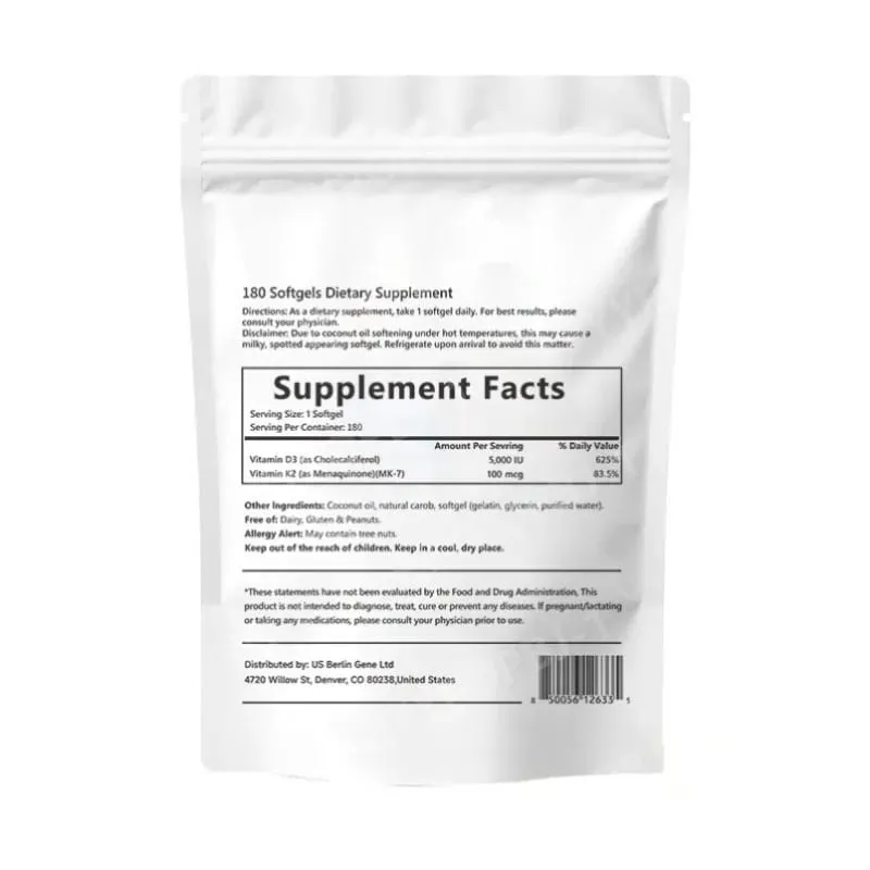 2-in-1 Vitamin D3+K2 Capsules with 5 000 IU D3 and 100mcg K2 180 Count Diet Supplement Maintain Daily Health & Enhance Immunity — image 2