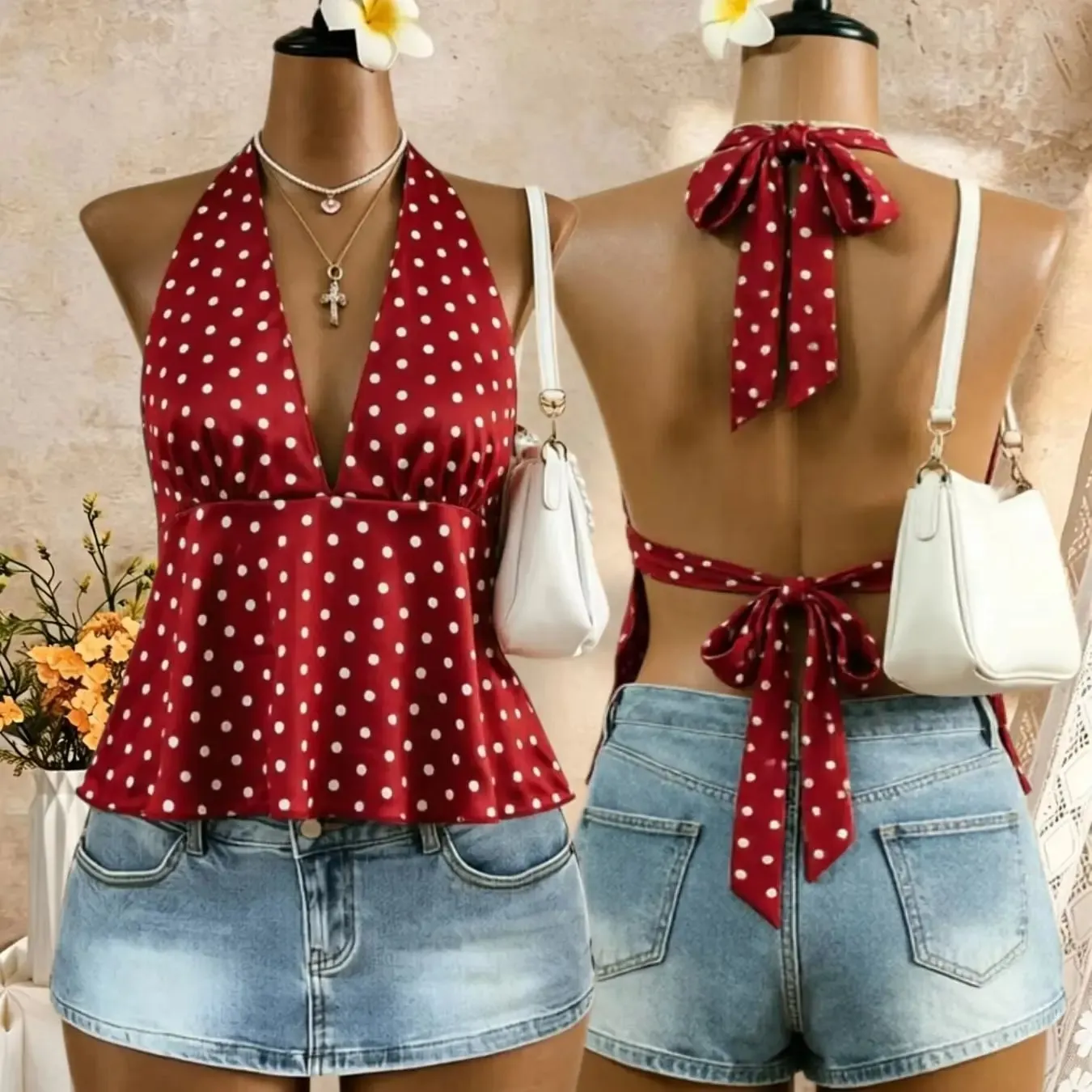 Women Halter Deep V Neck Polka Dot Back Tie Bow Peplum Cami Top 2026 Summer Y2K Red Retro Satin Open Back Flared Sleeveless Swin — image 6