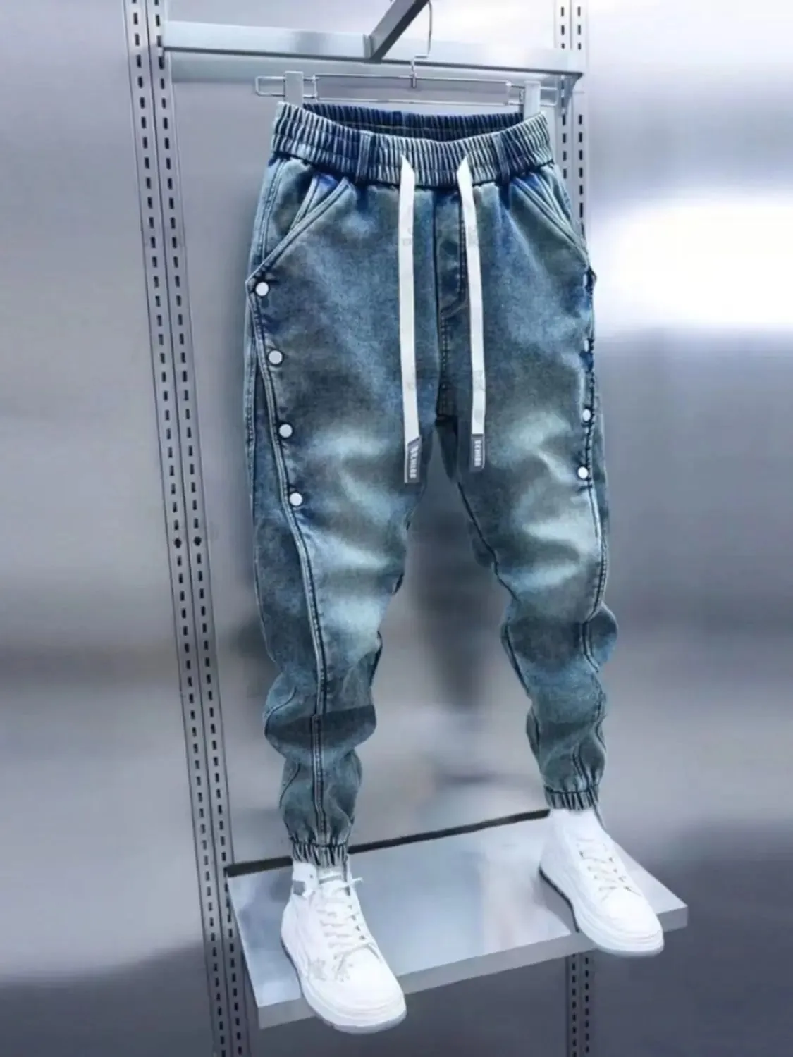 Drawstring Menswear Clothing Handsome Spring New Men's Jeans Korean Elastic Waist Buttons Decorative Fashion Harlan Pants Men — image 2