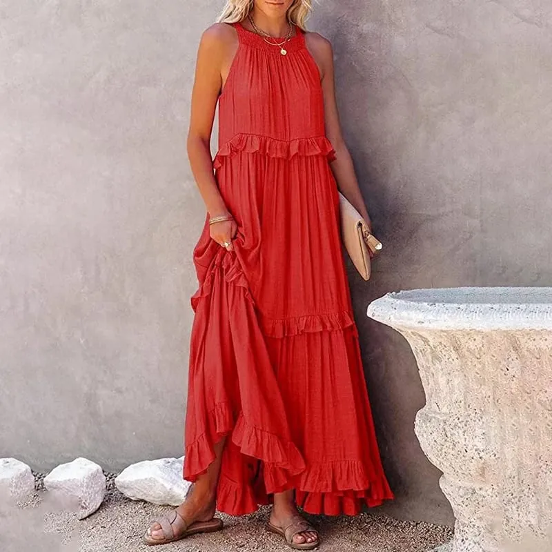 Women Casual Solid Ruffles Long Dress Summer Elegant Sleeveless Sundress Elegant Harajuku Maxi Dress Beach Party Evening Vestido — image 9