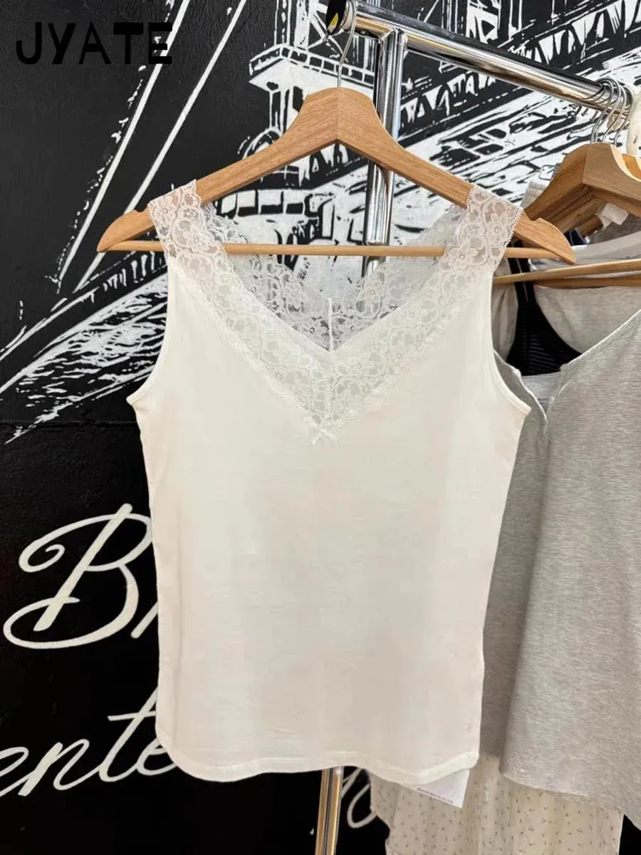 Sweet Lace Patchwork Slim Tank Tops Women Summer White Sexy Simple Cotton Soft Sleeveless Vests Female Vintage Chic Y2K Camisole — image 11