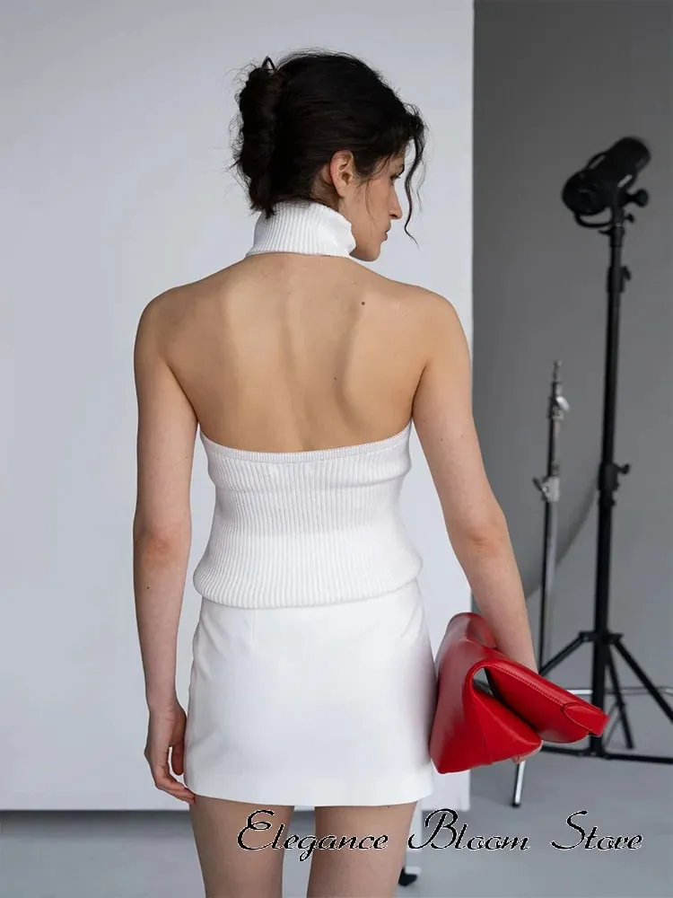 Solid Color Knit Sleeveless Tank Top Women High Neck Backless Slightly Fitted Cropped Vest Minimal Daily Fashion Casual Outfit — image 4