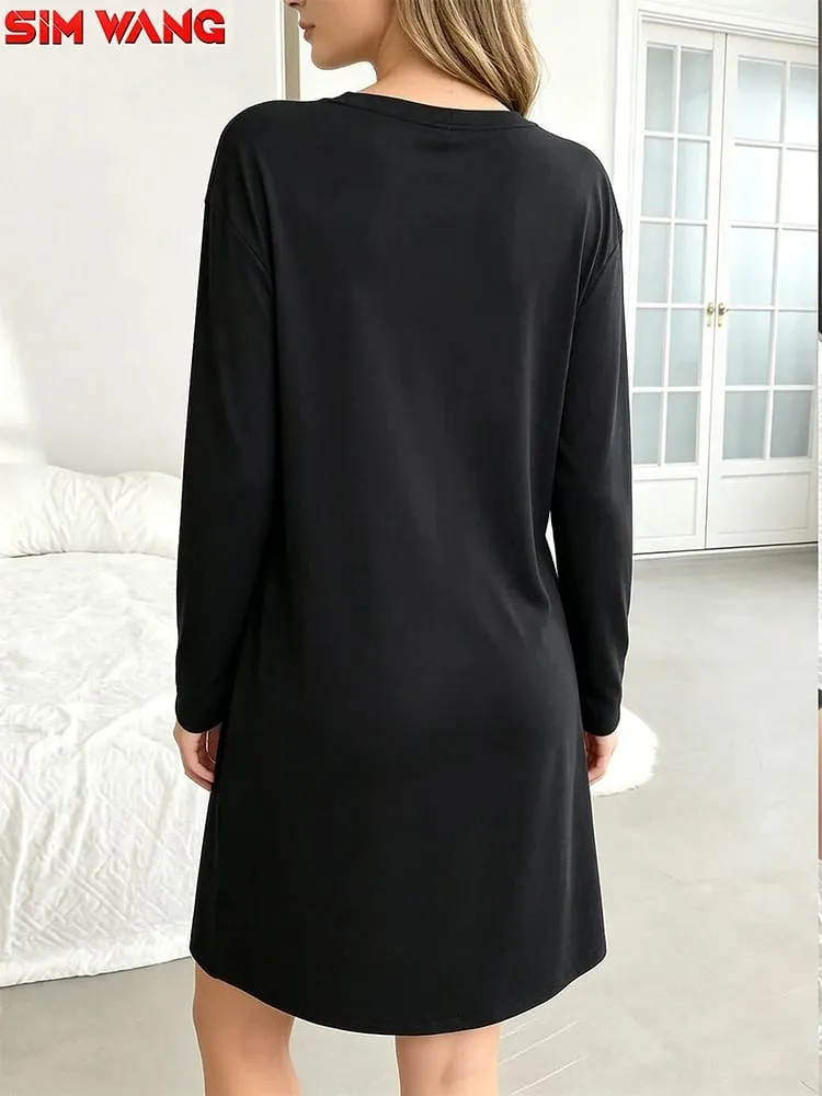 Long-Sleeved Dress for Women. Loose Round-Neck Long-Style Solid-Color Basic Home-Style Casual Dress. — image 3