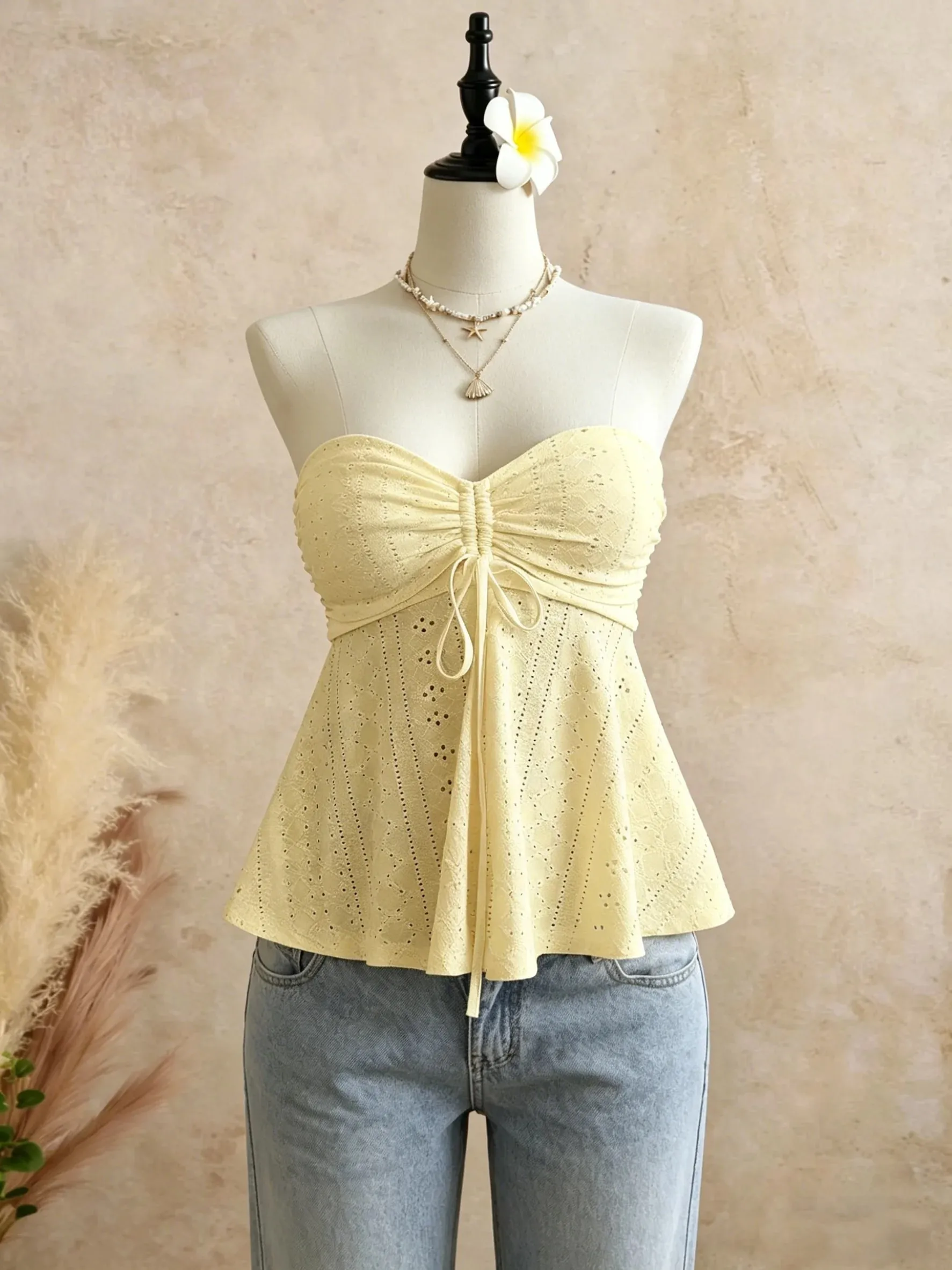 Women Yellow Eyelet Lace Tube Top Casual Ruched Tie Front Peplum Strapless Camisole — image 2