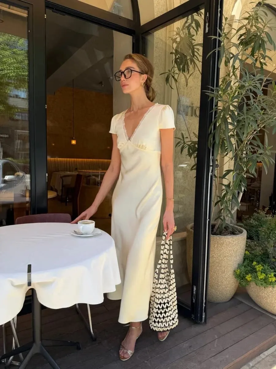 Chic Satin Lace Trim Midi Dress For Women Solid Patchwork Short Sleeve V-neck Summer Dresses 2026 Elegant Summer Holiday Gown — image 2