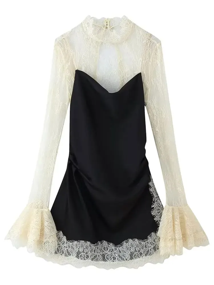 HH 2026 Women Lace Patchwork Mini Dress Vintage Contrast Slim Long Sleeve Dresses Y2k Summer Fashion High Street Lady Chic Dress — image 7