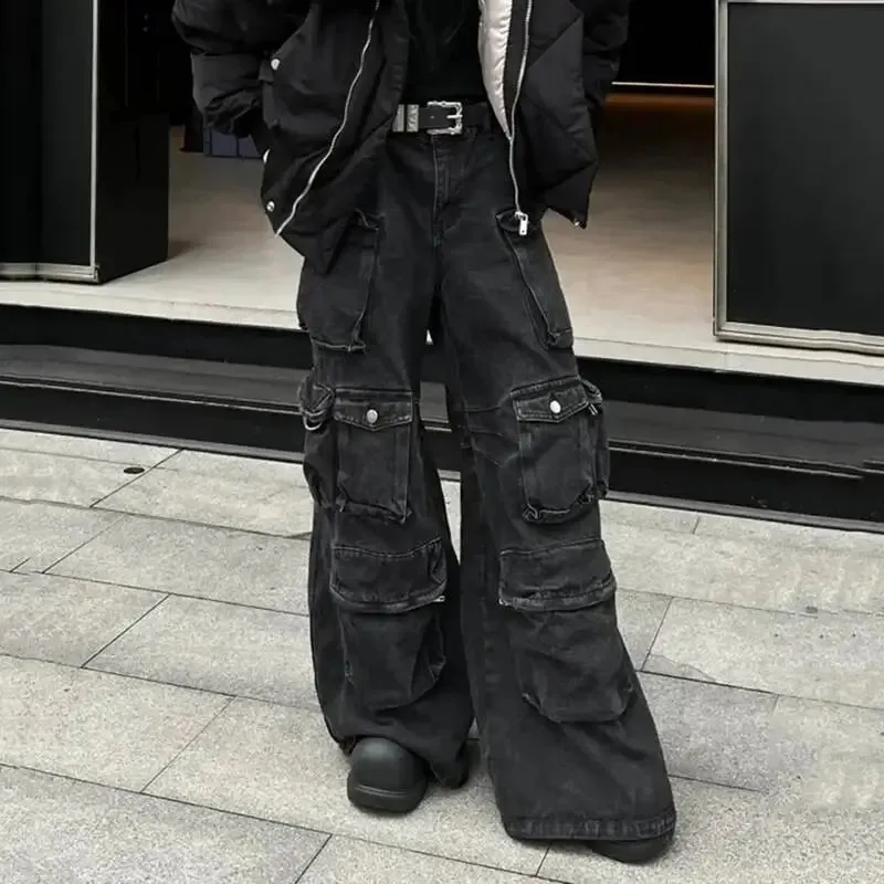 American Style Men Denim Pants Solid Color Multi-pocket Cargo Trousers Straight Wide Leg Loose Male Jeans Menswear 24K3020