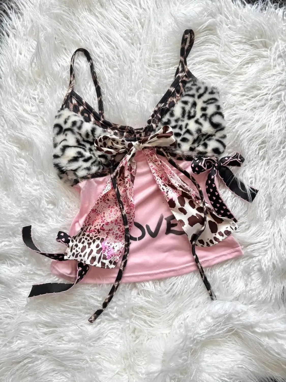 American Harajuku Hottie Camisole Subculture Leopard Patchwork Bow Halter Vest Y2K Aesthetic Letter Print Tanks Women's Slim Top