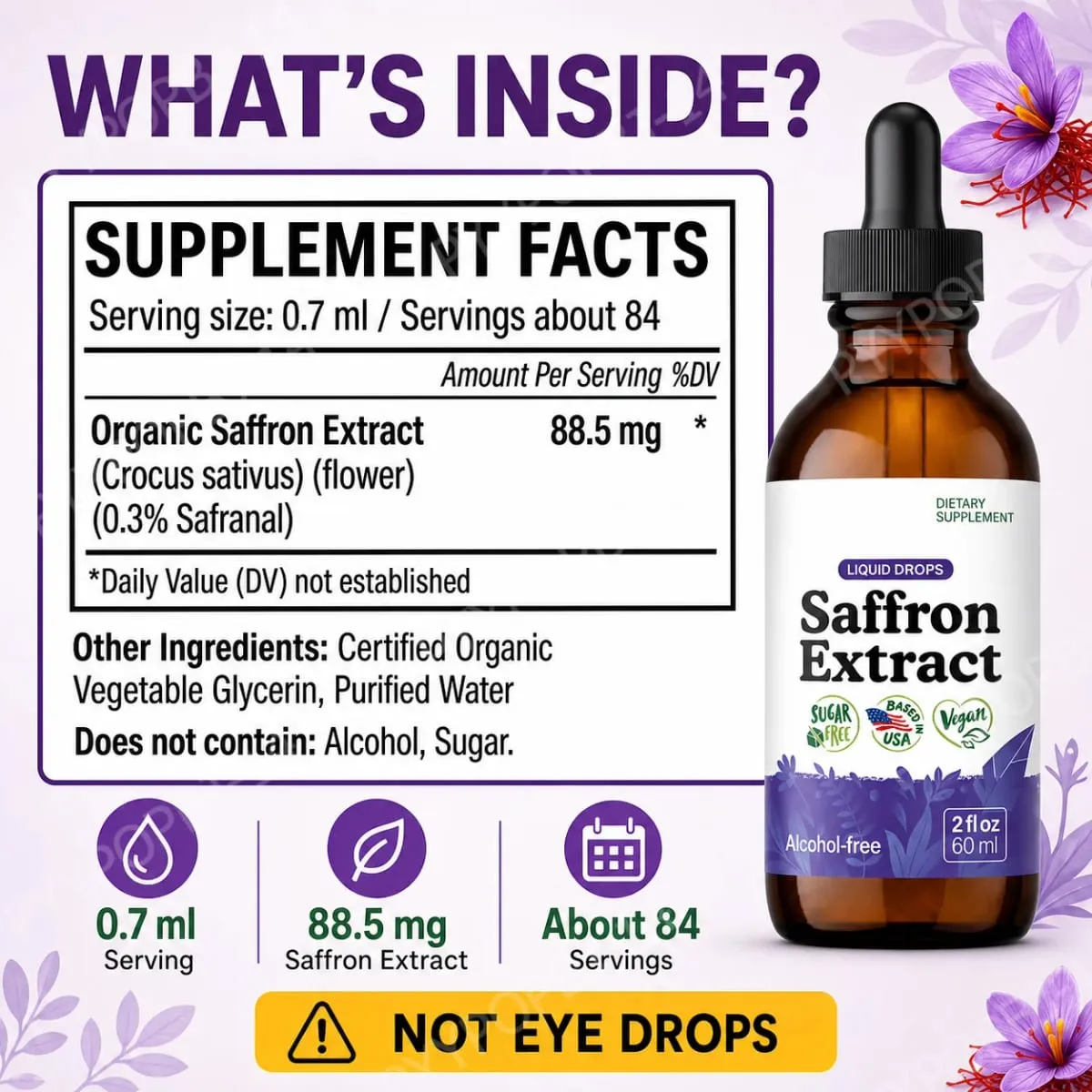 Organic Saffron Liquid Extract Drops Plant Based Herbal Supplement Vegan Sugar Alcohol Free 60ml Daily Health Supplements — image 3