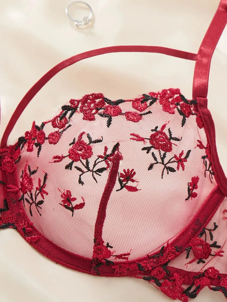 Vintage Wine Red Floral Lace Lingerie Set Thin Double Straps Sheer Transparent Mesh Bra Adjustable Briefs Boudoir — image 3