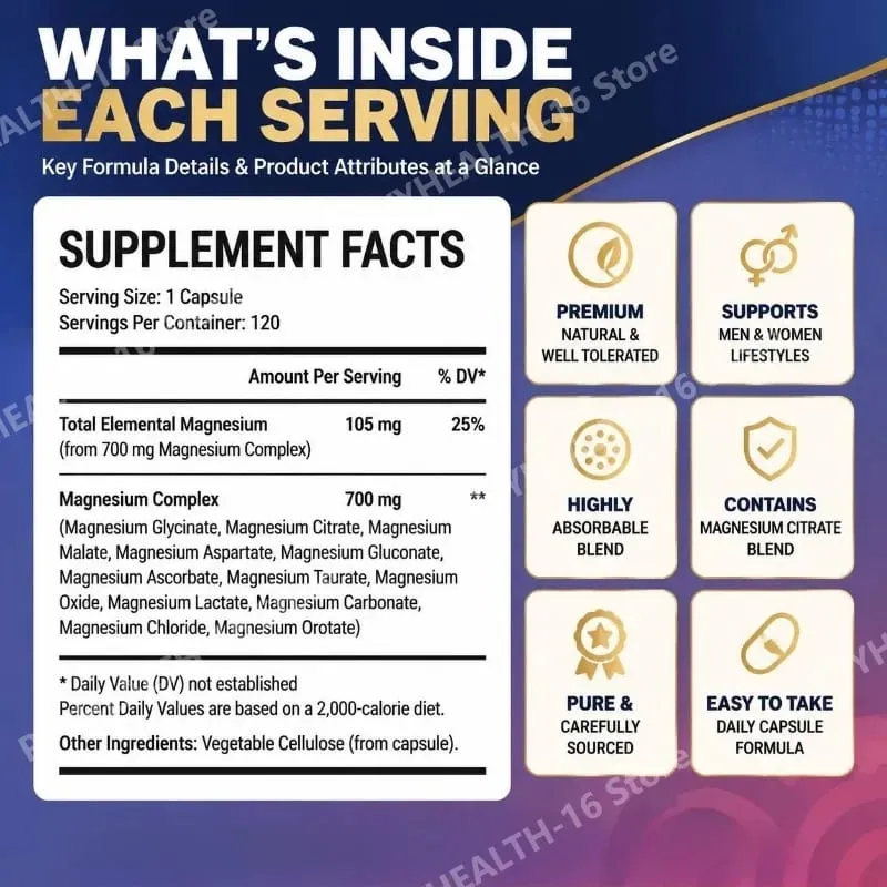 Magnesium Glycinate 12-in-1 Complex Sleep & Mood Support Muscle & Bone Health Citrate Malate Taurate 120 Capsules Non-GMO — image 2