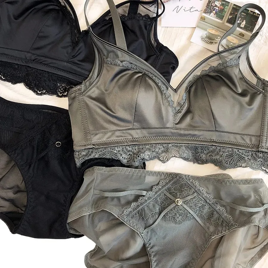 Size Thin Cotton Cup Intimates Lace Women Sexy Push Up Lingerie Sets Wireless Silky Satin Mesh Luxury Lady Underwear — image 2