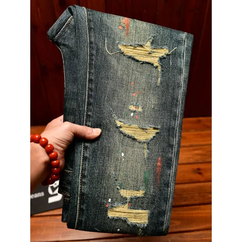 Broken hole patch jeans for men 2025 new men's clothing paint printing trend design retro nostalgic slim fit denim pants — image 3