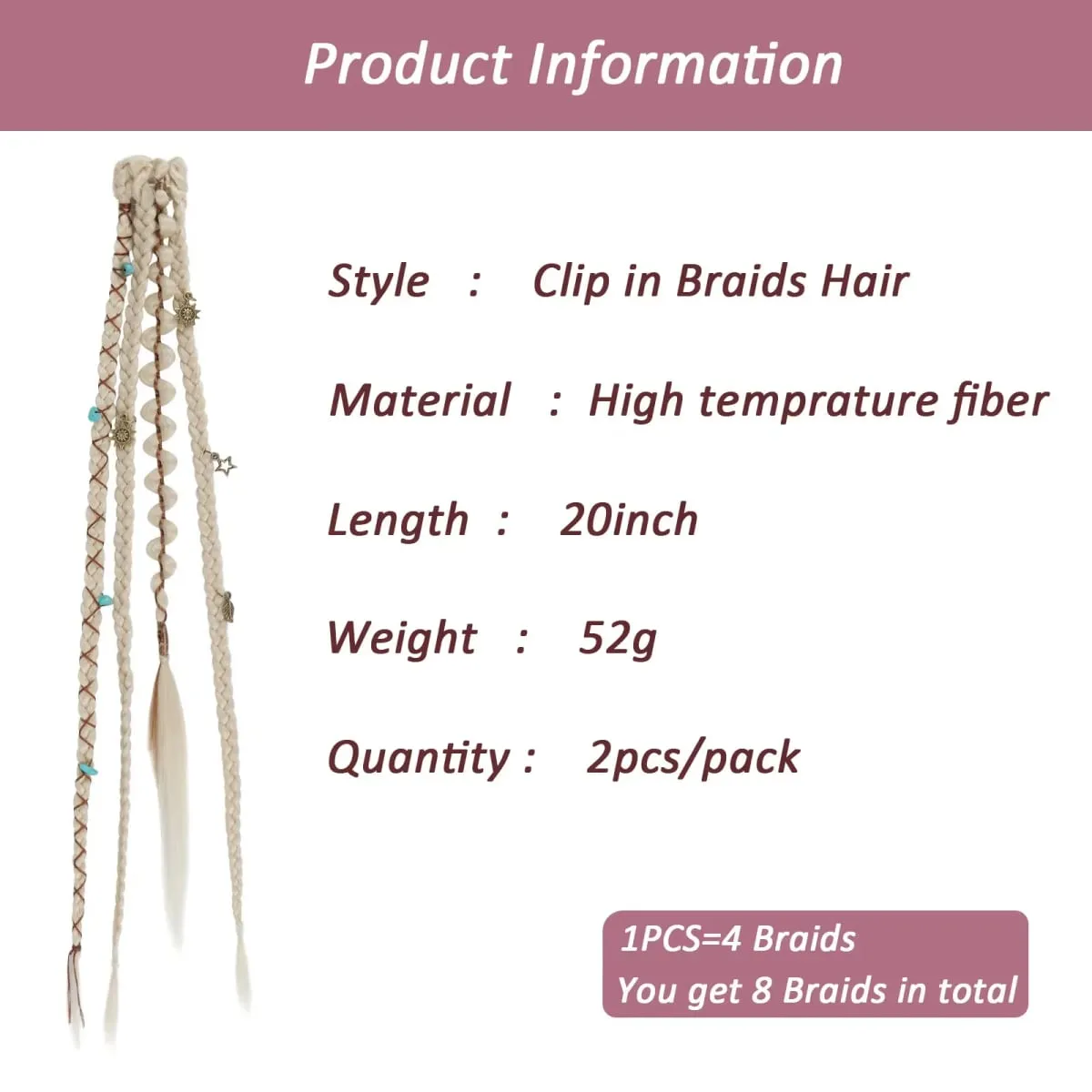 Clip in Braid Hair Extensions for Women 20" Boho Dreadlock Clip in Braids with Beads & Charms 2PCS Synthetic Braided Hairpiece — image 2