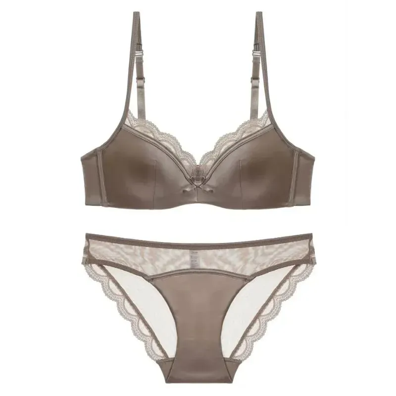 Women's Thin Smooth Satin Bra & Briefs Set Summer Solid Lace Decor Anti Sagging Lingerie Bra Sweet Underwear Suit Нижнее Белье — image 2