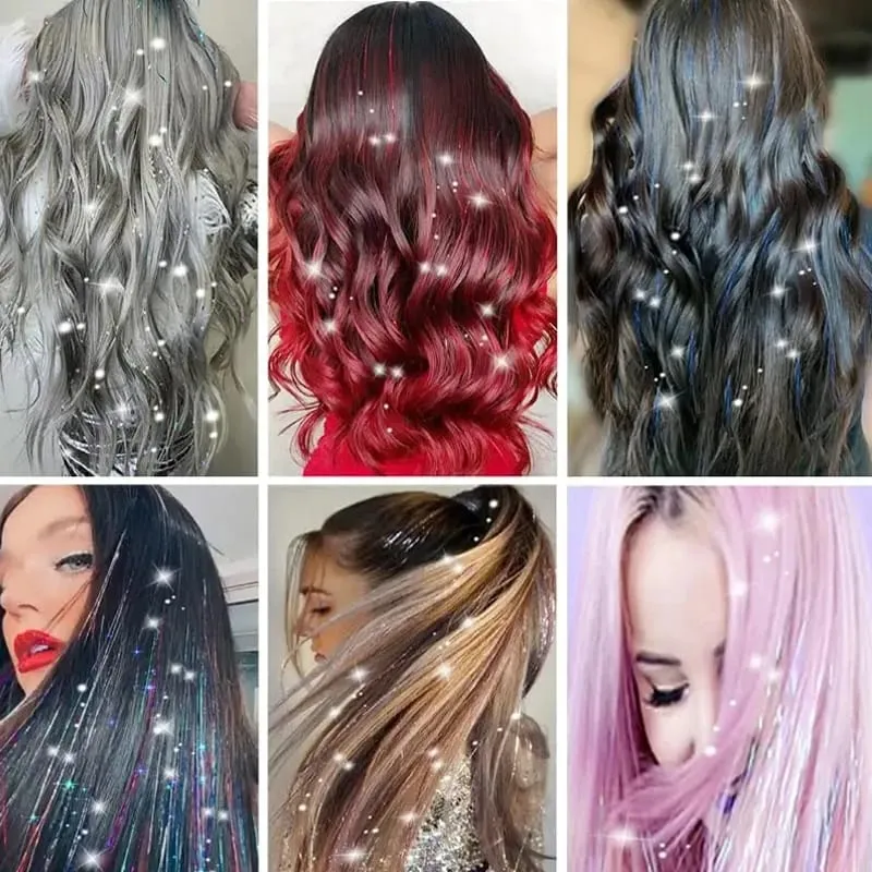 12pcs 20inch Tinsel Hair Extensions Wigs Colorful Shiny Artificial hair extensions Clip in Women Hairpieces for Daily Party Wear — image 7