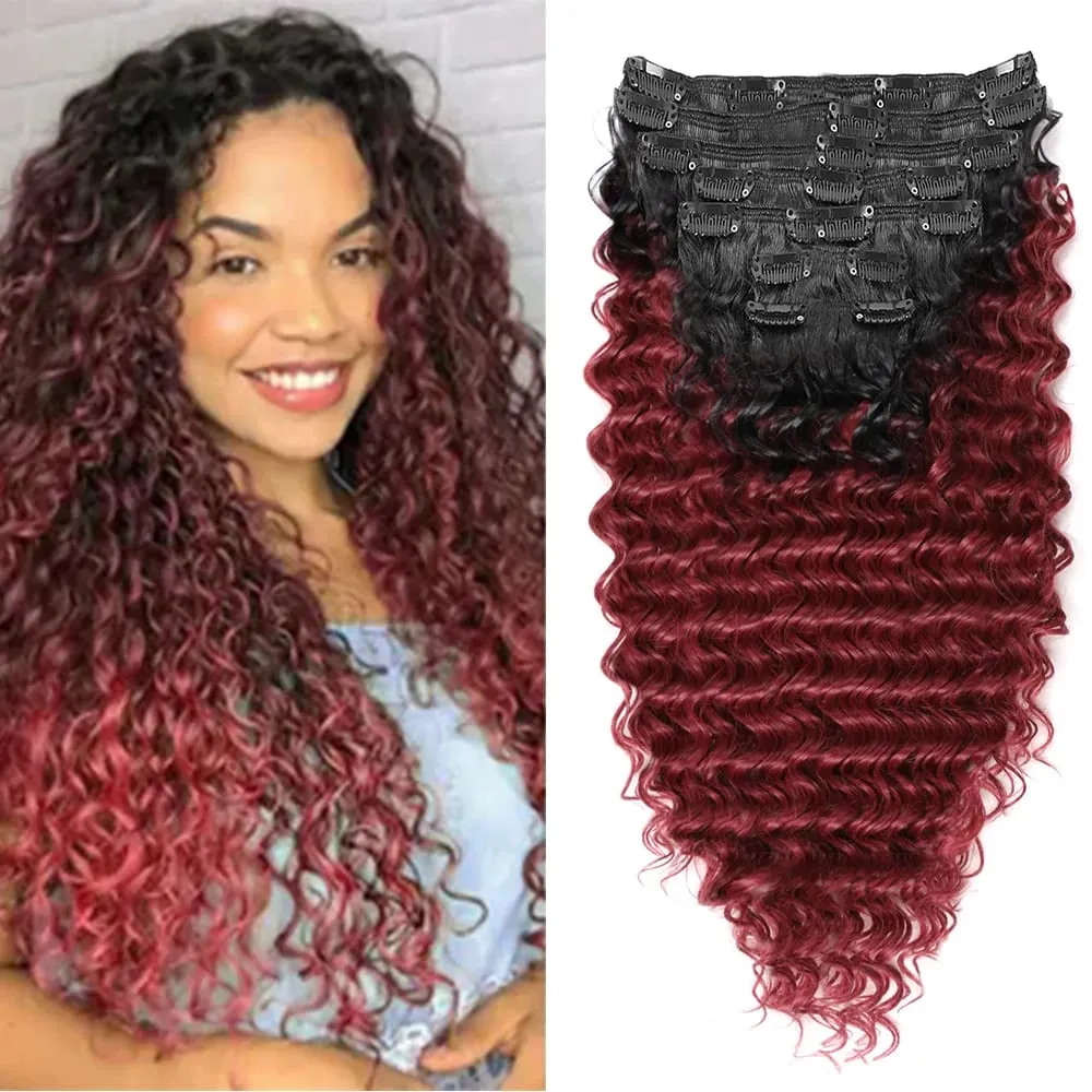 24Inch Synthetic Deep Wave Clip In Hair Extensions 7Pcs/Set 140g Fake Hair Full Head Hairpiece Curly Clip Ins Hair For Women — image 10