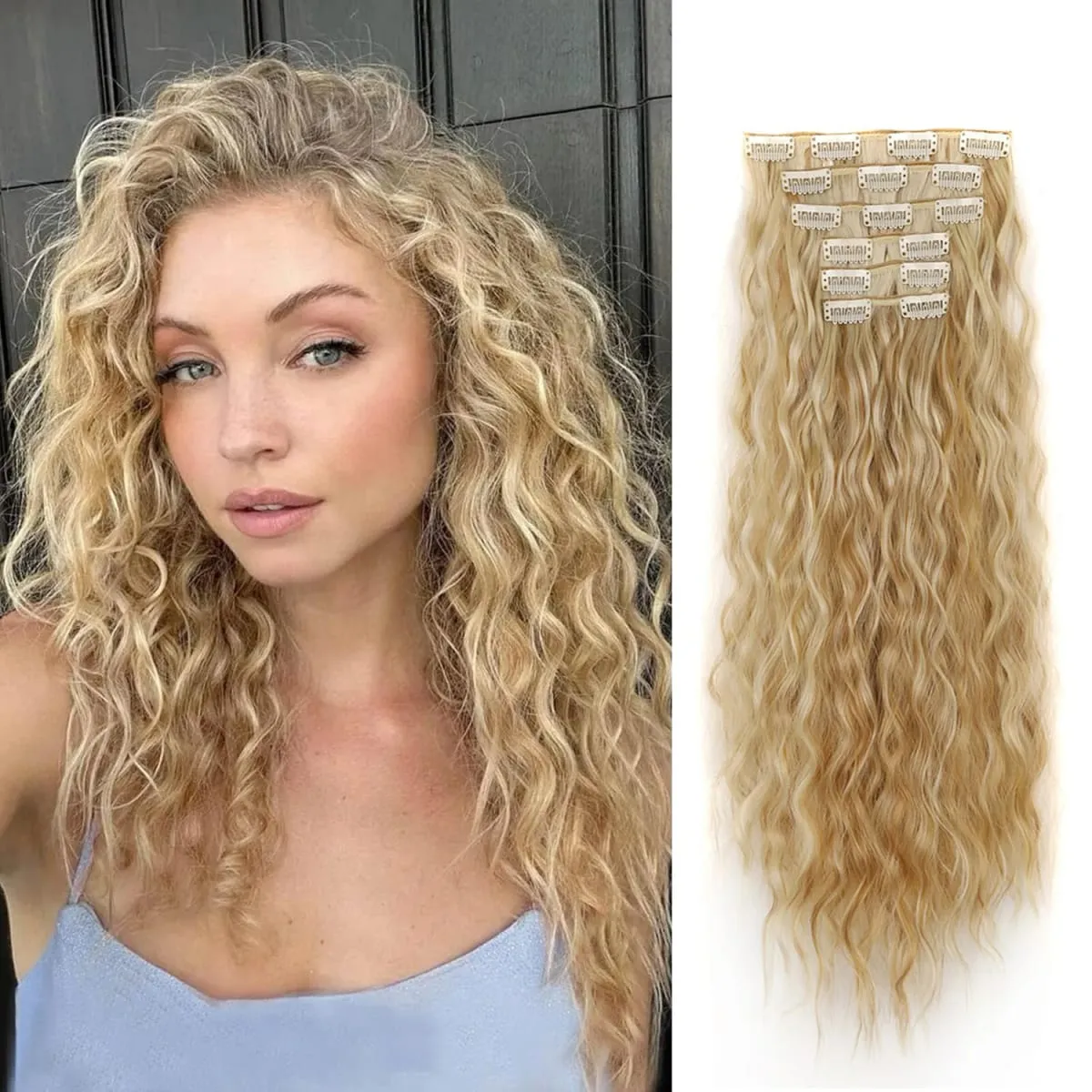 Clip in Synthetic Hair Extensions Brown Blonde Color Mermaid Waves Synthetic Hair Pieces for Women 6pcs Set