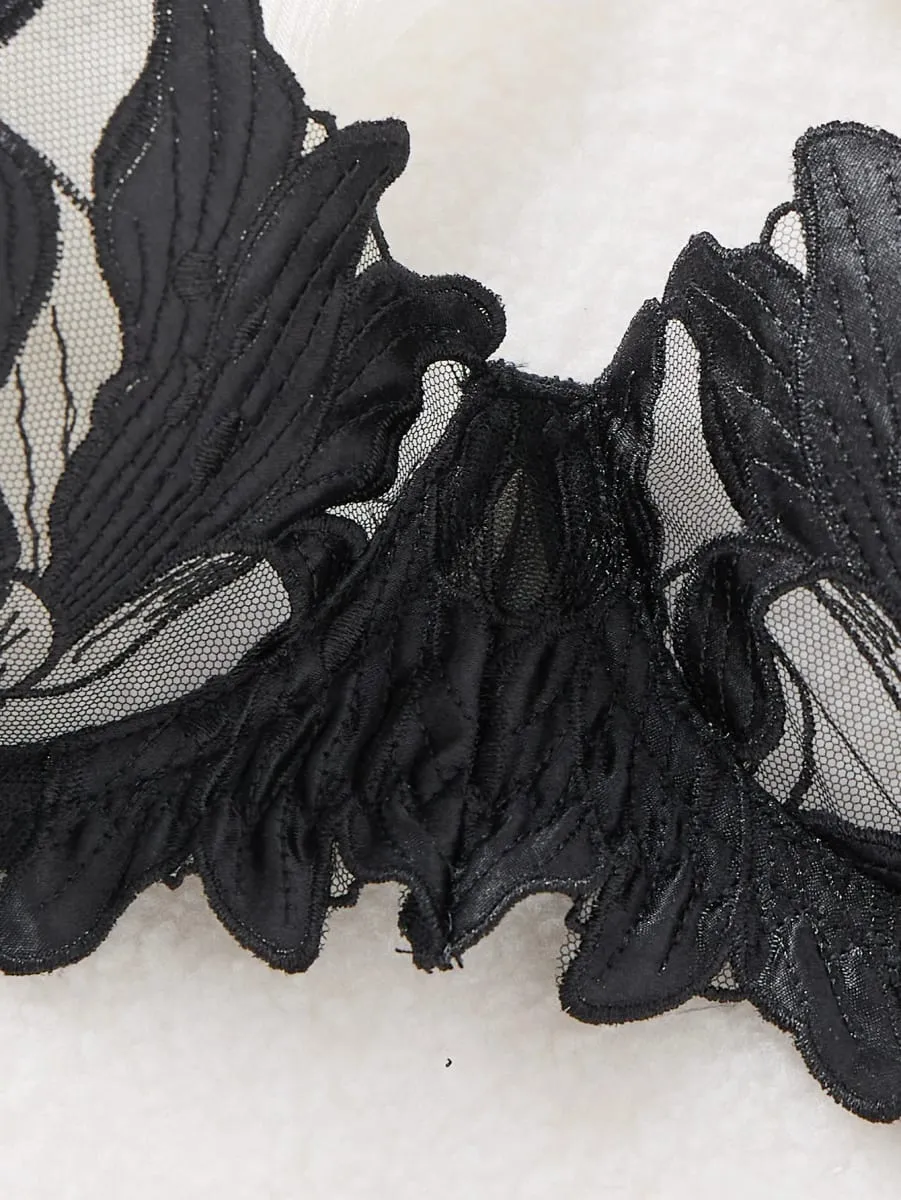 A4 Black 3D Floral Embroidery Lingerie Set Women Ruffle Underwire Bra & Thong Set Sheer Mesh Sexy Romantic Intimate Underwear — image 4