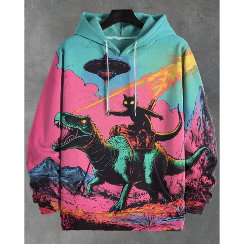 2026 Men's Hoodies Funny Cat Dinosaur UFO Art 3D Printed Cartoon Sweatshirt Men Women Tracksuit Oversized Casual Street Y2k Coat — image 3
