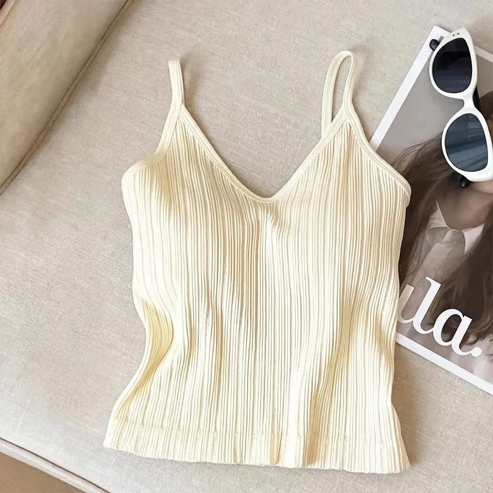 New V-neck Camisole Top Sleeveless Inside Wear Halter Undershirt One-piece Cup French Style Lingerie Summer — image 10