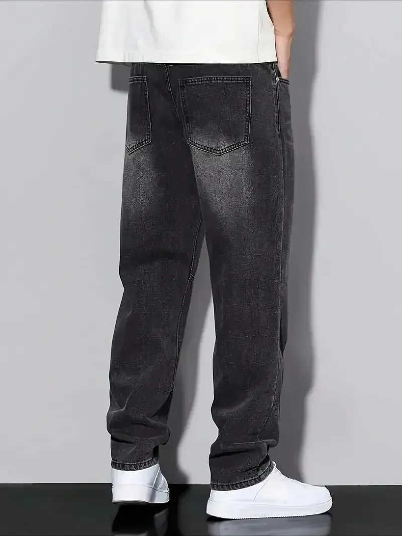 Men's Black Washed Loose-Fit Jeans Straight-Leg Casual Streetwear Trousers for Daily Wear Comfortable Denim-Like Pants — image 2