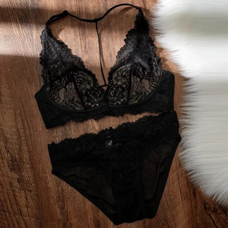 French Vintage Lace Halter Bra Set Wireless Thin Cup Small Breast Push Up Anti Sag Lifting Soft Pure Desire Ladies Intimate Bras — image 1