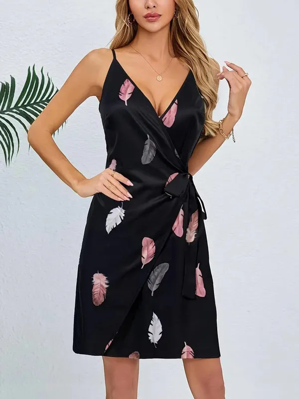 Mini Dress Spring Summer Women Black Satin Feather Print Spaghetti Strap Deep V Wrap Belted Casual Sexy Vacation Dress