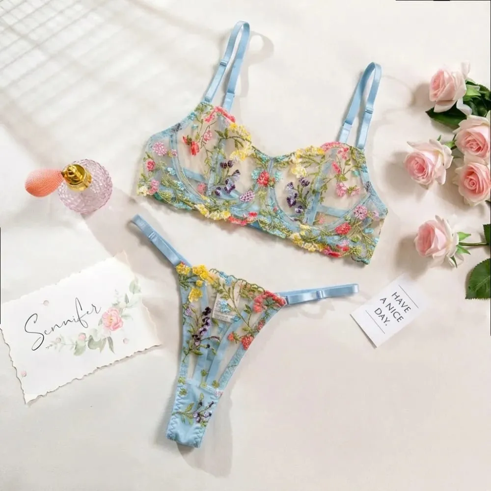 2-Piece Bohemia Floral Lingerie Set Sheer Embroidery Underwear Intimates Versatile Underwire Push-up Bra Panty Set For Lady Girl — image 1