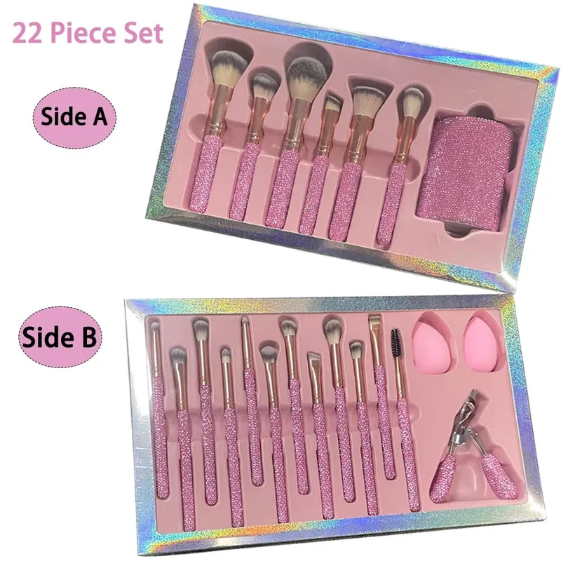 Glitz and Glam Brush Set 22pcs Bundle RHINESTONE Glam Brush Set Bling Makeup Brushes Diamond MakeupBrush Storage Bucket with box