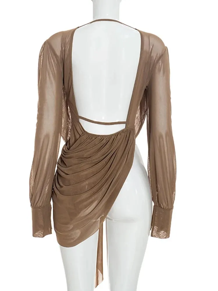 Beyprern Chic Y2K Aesthetic Plunging Neckline Mesh Top Female Draped Asymmetrical Long Sleeve Cover Up Blouse Night Out Clubwear