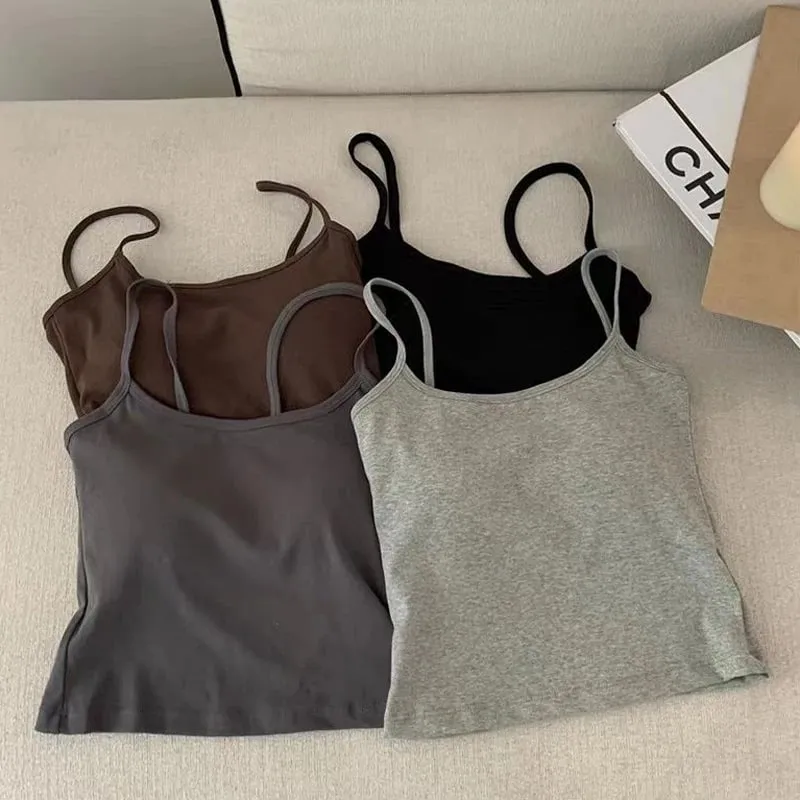 1PC Cotton Spaghetti Straps Sleeveless Slim Camisole Women Soft Breathable Vests with Chest Pad Summer Wear Outside Short Tops — image 5