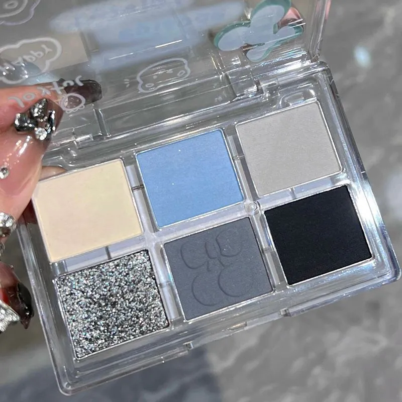 Matte Grey Blue Smoky Eye Shadow Palette 6-Color Glitter Silver Acrylic Eye Shadows Palette Long Lasting Eye Makeup Cosmetics — image 4