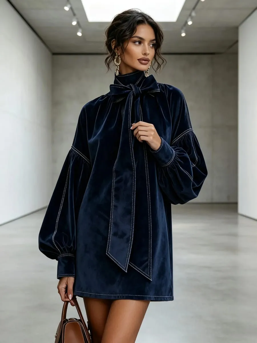 American Retro High Collar Lantern Sleeve Long Sleeve Bow Tie Elegant Velvet Women Mini Dresses Casual Autumn High Street Dress — image 6