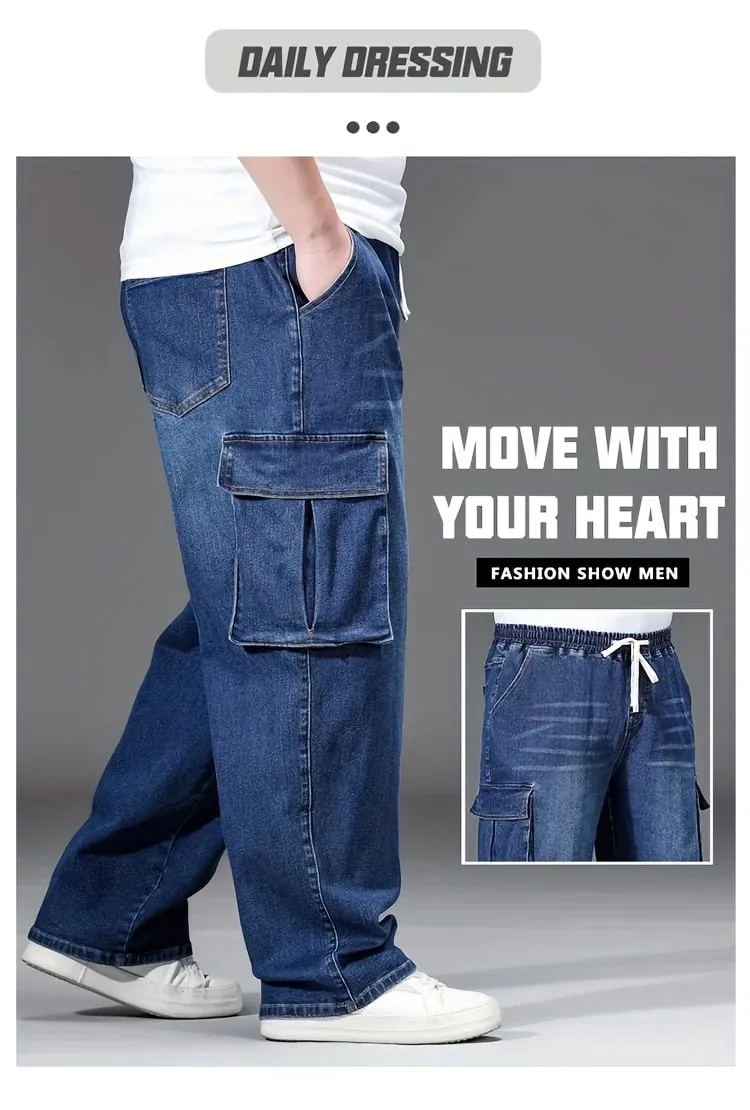 2026 New Men Oversized Jeans High Waist Elastic Drawstring Stretch Baggy Denim Pants Casual Versatile Plus Size Trousers — image 9