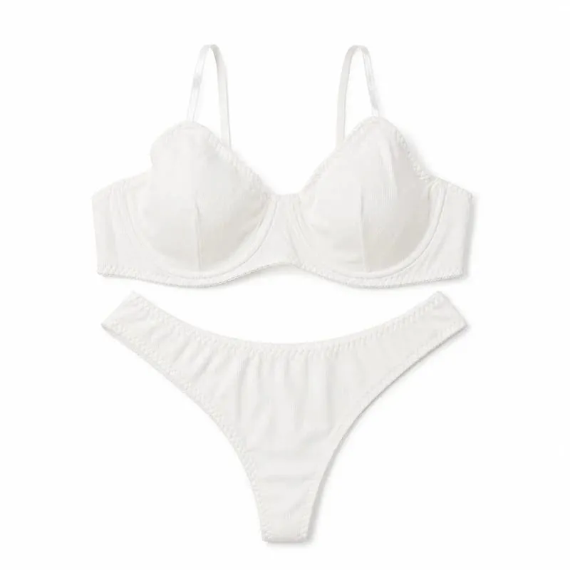 Women Solid Ribbed Lingerie Set Underwire Thin Cup Bra Matching Low Rise Thong Soft Daily Intimates — image 7