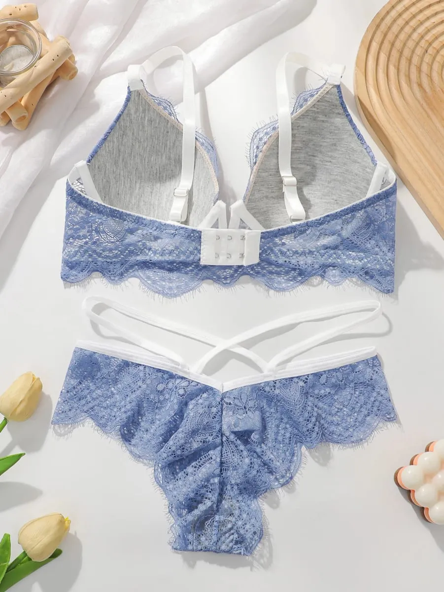 New High Quality Heavy Industry Blue Lace Set Deep V Sexy Women's Bra Set Lingerie Set push up Bra L093 — image 2