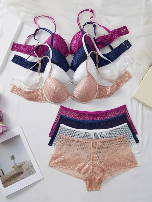 4 PCS Women's Underwear Set Sexy Floral Lace Push Up Bra Sheer Breathable Panties Stylish Comfortable Sexy Lingerie