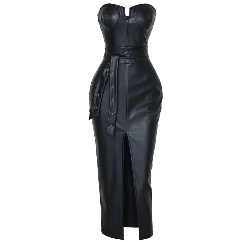 Robe moulante en cuir PU pour femmes, Sexy, sans bretelles, fendue, rivets, drapée, tenue de soirée en boîte de nuit — image 5