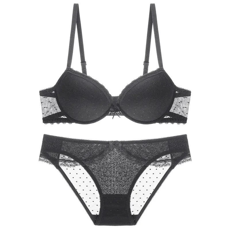 European and American Upper Support Top Thin Bottom Thick Cotton Cushion Steel Ring Push up Sexy Bra Lace Lingerie Bra Set