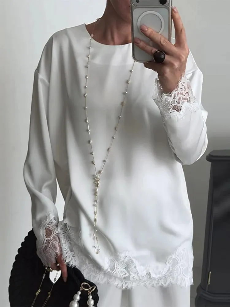 Elegant Women's Dress O-neck Full Sleeve Loose Solid Lace Hem Female Short Dresses 2026 Spring Summer New Sexy Fashion Lady Robe — image 3